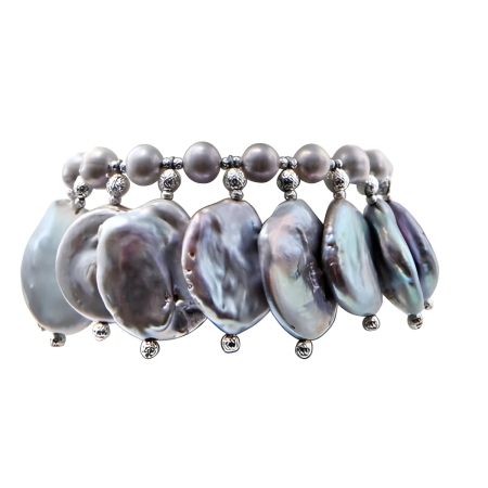 23936 Grey Coin Drop Bracelet Beautifully Accented With Diamond Cut Sterling Silver Beads