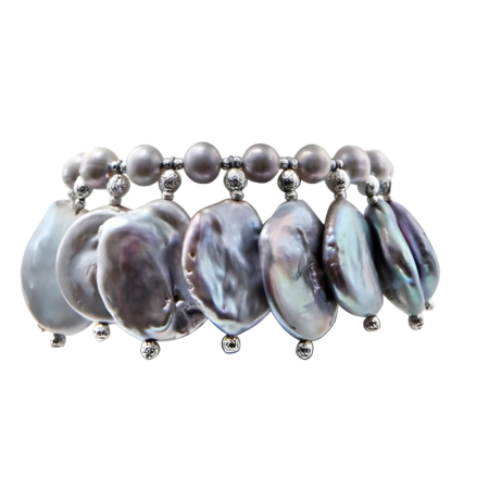 23936 Grey Coin Drop BraceletBeautifully Accented With Diamond Cut Sterling Silver Beads