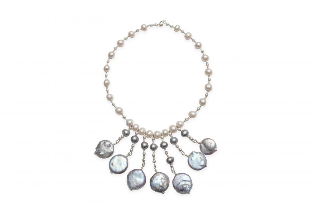 White Freshwater Pearl Necklace with Grey Coin Pearl Drops