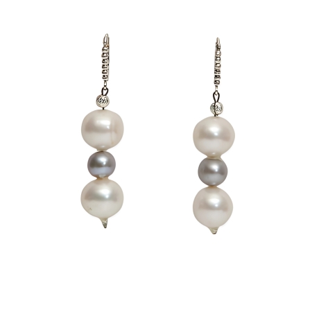 23976 3 Drop Pearl Earrings in White, Grey and White Beautifully Accented With Diamond Cut Sterling Silver Beads Includes a Certificate of Guarantee