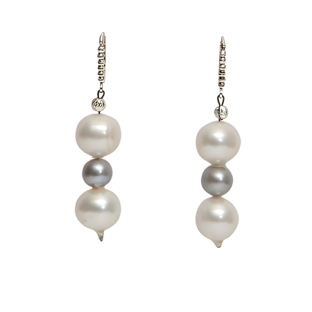 23976 3 Drop Pearl Earrings in White, Grey and WhiteBeautifully Accented With Diamond Cut Sterling Silver BeadsIncludes a Certificate of Guarantee