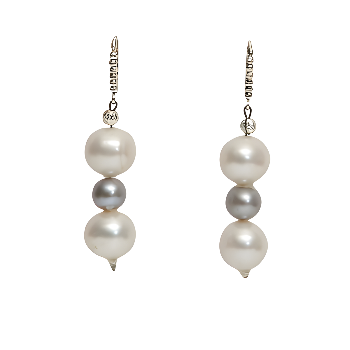 23976 3 Drop Pearl Earrings in White, Grey and WhiteBeautifully Accented With Diamond Cut Sterling Silver BeadsIncludes a Certificate of Guarantee