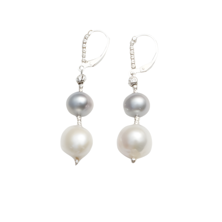 23978 Freshwater Cultured Dark Grey & White Pearl Drop EarringsBeautifully Accented With Diamond Cut Sterling Silver BeadsIncludes a Certificate of Guarantee
