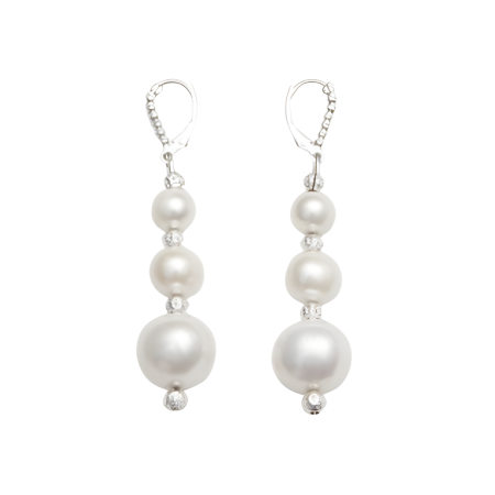 23985 White Pearl Drop Earrings in a Three Tiered DesignBeautifully Accented With Diamond Cut Sterling Silver BeadsIncludes a Certificate of Guarantee (1)