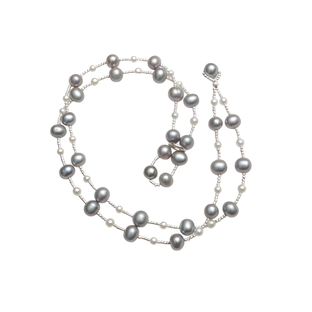 23987 Dark Grey Pearl & Small White Pearl Wrap BraceletVersatile item that can be worn as a bracelet or as a necklaceBeautifully Accented With Diamond Cut Sterling Silver Beads