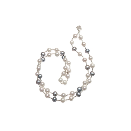 23988 Dark Grey & White Off Round Freshwater Pearl Wrap Bracelet Beautifully Accented With Diamond Cut Sterling Silver Beads
