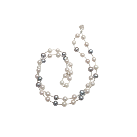 23988 Dark Grey & White Off Round Freshwater Pearl Wrap BraceletBeautifully Accented With Diamond Cut Sterling Silver Beads