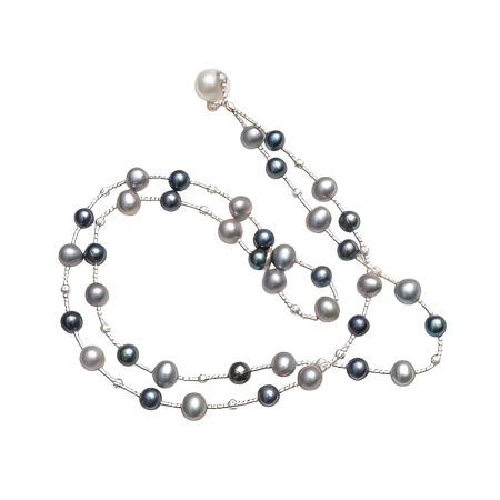 23992 Grey & Black Dyed Pearl Wrap Bracelet With Single White Pearl ClosureBeautifully Accented With Diamond Cut Sterling Silver Beads