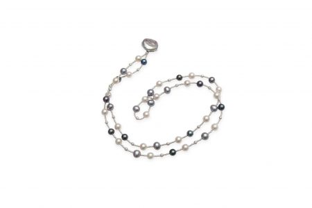 Grey, White & Black Dyed Pearl Wrap Bracelet with Coin Pearl Closure