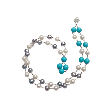 24003 Grey & White Freshwater Pearl & Turquoise Wrap Bracelet