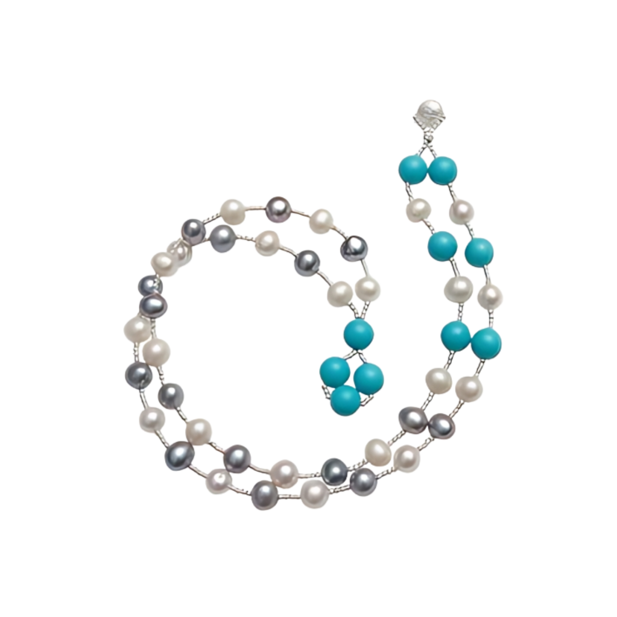 24003 Grey & White Freshwater Pearl & Turquoise Wrap BraceletBeautifully Accented With Diamond Cut Sterling Silver Beads