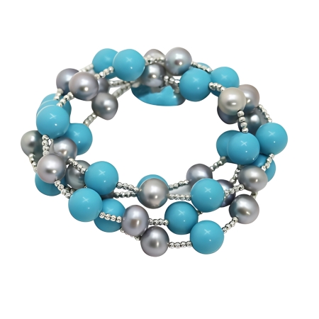 24005 Grey and Black Pearl Wrap Bracelet with Turquoise