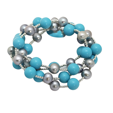 24005 Grey and Black Pearl Wrap Bracelet with TurquoiseBeautifully Accented With Diamond Cut Sterling Silver Beads