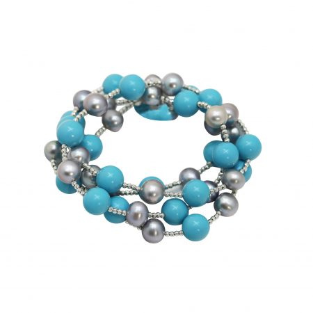 Grey and Black Pearl Wrap Bracelet with Turquoise