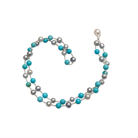 24006 Grey, Black Dyed Pearls & Turquoise Wrap Bracelet
