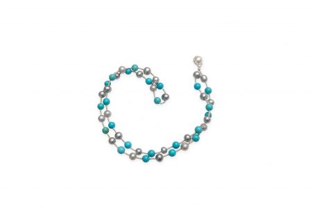 Grey, Black Dyed Pearls & Turquoise Wrap Bracelet