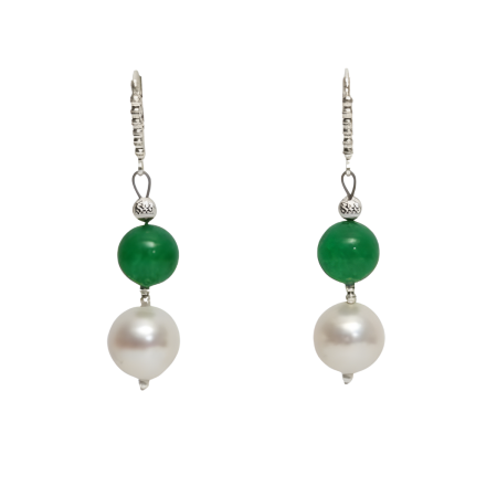 24017 Pearl & Dyed Green Jade EarringsBeautifully Accented With Diamond Cut Sterling Silver BeadsIncludes a Certificate of Guarantee (1)