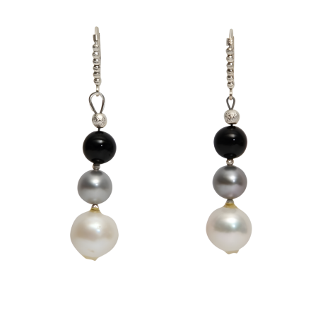 24020 Grey and White Pearl Earring with Onyx BeadsBeautifully Accented With Diamond Cut Sterling Silver BeadsIncludes a Certificate of Guarantee (1)