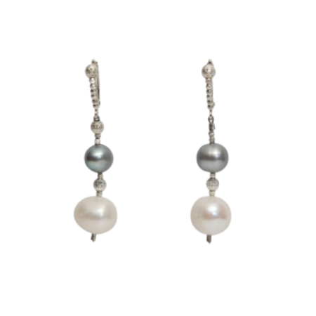24026 Oval Grey Pearl & White Freshwater Pearl Drop Earrings