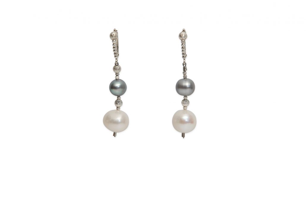 Oval Grey Pearl & White Freshwater Pearl Drop Earrings