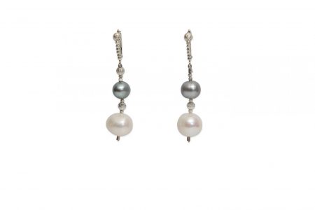 Oval Grey Pearl & White Freshwater Pearl Drop Earrings