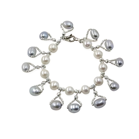 24040 White Freshwater Pearl Bracelet with Light Grey Drops Beautifully Accented With Diamond Cut Sterling Silver Beads