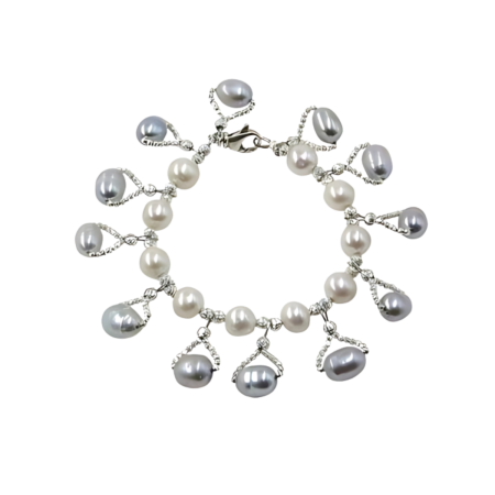 24040 White Freshwater Pearl Bracelet with Light Grey DropsBeautifully Accented With Diamond Cut Sterling Silver Beads