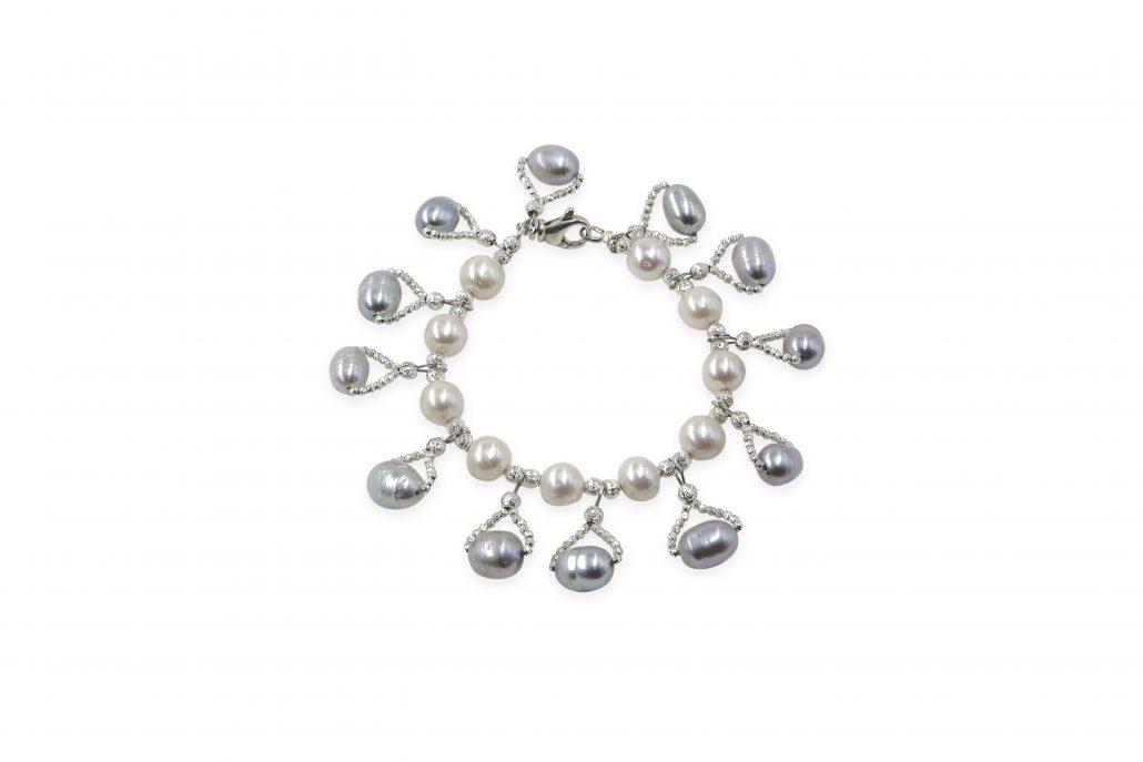White Freshwater Pearl Bracelet with Light Grey Drops