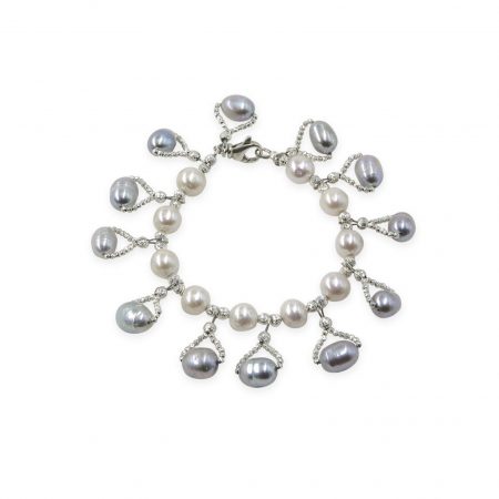 White Freshwater Pearl Bracelet with Light Grey Drops