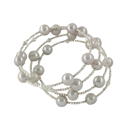 24048 Light Grey Freshwater Pearl Spiral BraceletBeautifully Accented With Diamond Cut Sterling Silver Beads