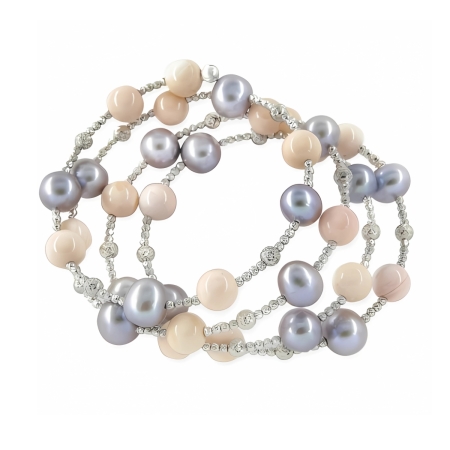 24057 Freshwater Grey Pearls With Coral Beads Spiral Bracelet White Gold Beautifully Accented With Diamond Cut Sterling Silver Beads