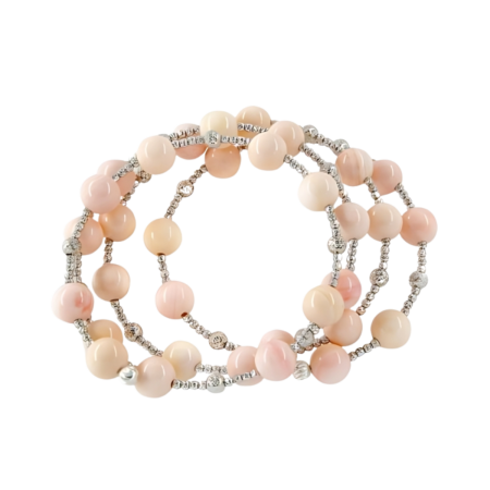 24058 Coral Bead Spiral Bracelet with White Gold BeadsBeautifully Accented With Diamond Cut Sterling Silver Beads