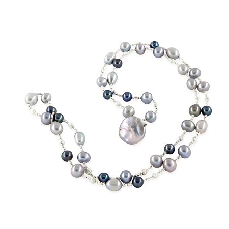 24078A Grey & Black Tahitian Pearl Wrap Bracelet Beautifully Accented With Diamond Cut Sterling Silver Beads