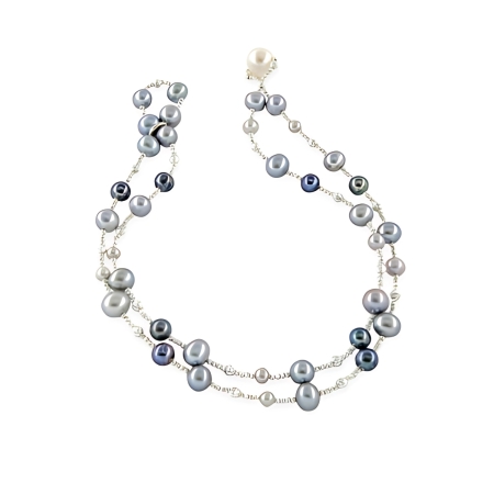 24079A Freshwater Light and Dark Grey Pearl Wrap Bracelet Beautifully Accented With Diamond Cut Sterling Silver Beads