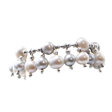 24171 FW Grey & White Pearl Drop Charm Bracelet Beautifully Accented With Diamond Cut Sterling Silver Beads