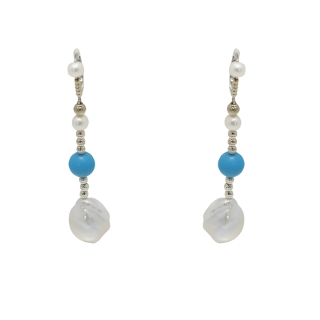 24384 Turquoise, Grey and White Freshwater Pearl Earrings Beautifully Accented With Diamond Cut Sterling Silver Beads