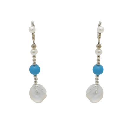 24384 Turquoise, Grey and White Freshwater Pearl EarringsBeautifully Accented With Diamond Cut Sterling Silver Beads