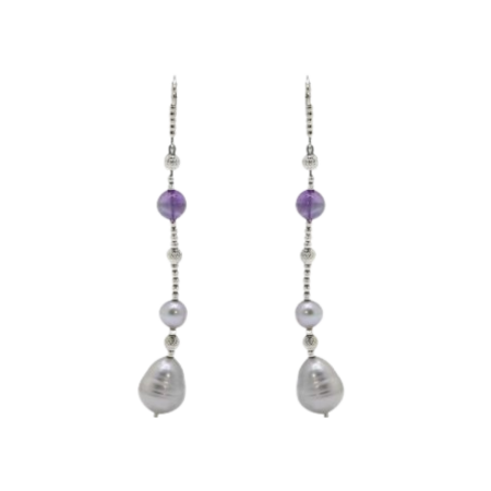 24385 Luxury Amethyst and Grey Freshwater Pearl earrings beautifully accented with Diamond Cut Sterling Silver Beads