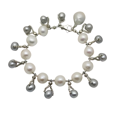 24434 White and Grey Freshwater Pearl Bracelet with Baroque Beautifully Accented With Diamond Cut Sterling Silver Beads Includes a Certificate of Guarantee