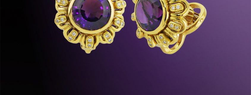 Bezel Set Amethyst and Diamond Earrings