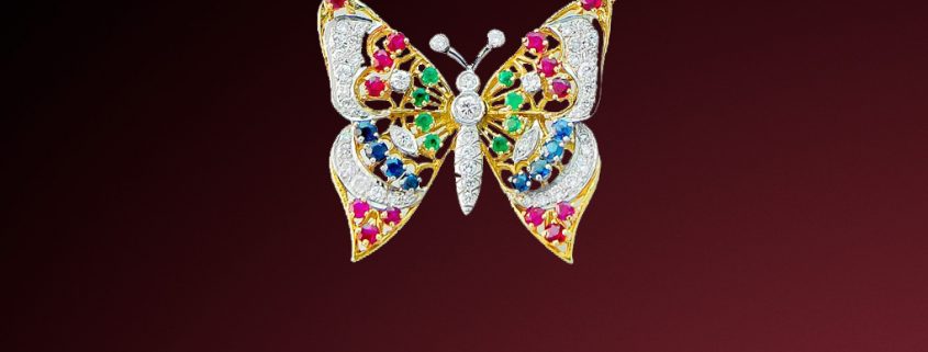 Ruby, Sapphire, Emerald and Diamond Butterfly Necklace