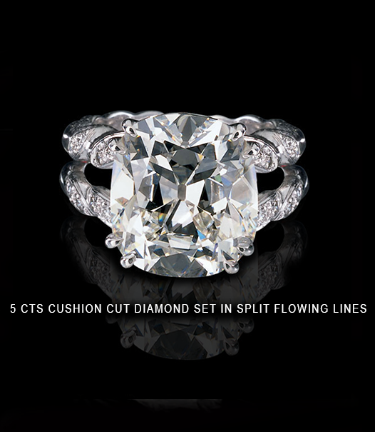 5-CTS-CUSHION-CUT-DIAMOND-SET-IN-SPLIT-FLOWING-LINES 5 carats ring with cushion cut diamond set in split flowing lines