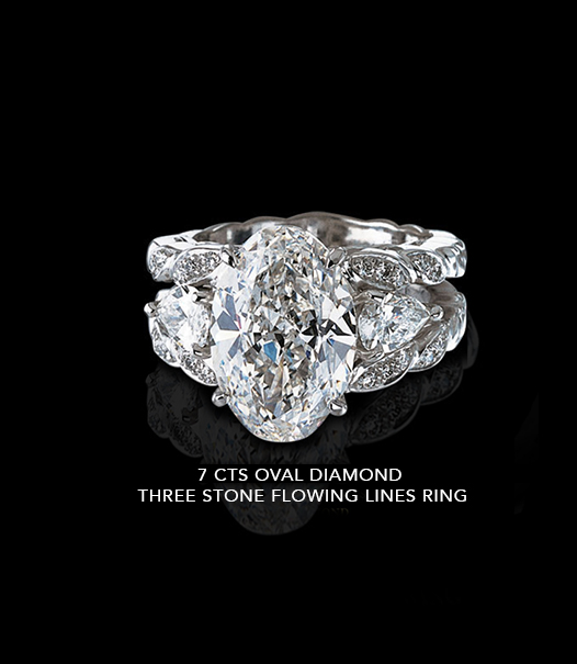 7 CTS OVAL DIAMOND THREE STONE FLOWING LINES RING 7 Carats Ring with Oval Diamond Three Stone Flowing Lines