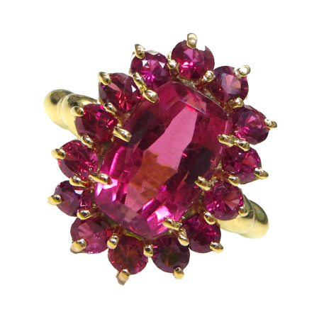 16136 Single Flowing Lines Pink Tourmaline Ring Designed & Handmade by Kaufmann de Suisse in 18kt Yellow Gold featuring 1 Cushion Cut 5.68cts Rubellite surrounded by 14 Round Brilliant Cut Rubelli