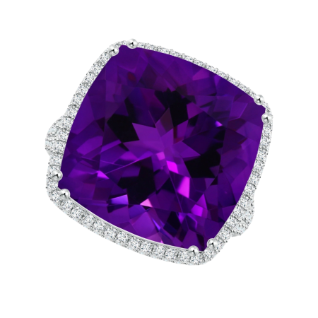 17024 Large Double Flowing Lines Amethyst & Diamond Ring Designed and Handmade by Kaufmann de Suisse in Platinum featuring one 23.40cts Cushion Cut Amethyst and 40 round FVVS Quality Round Brillia