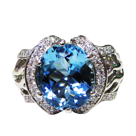 18276 Open Flowing Lines Aquamarine and Diamond Ring Designed & Handmade by Kaufmann de Suisse in 18kt White Gold featuring one Oval Aquamarine weighing 5.95cts mounted with 68 Round Brilliant Cut