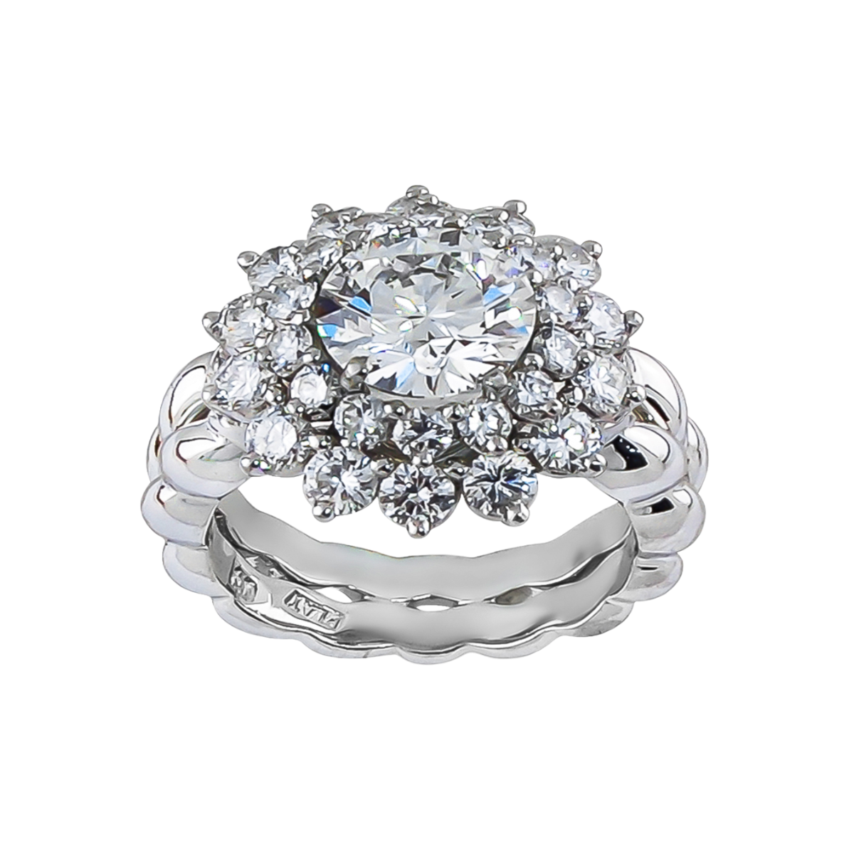 18825 Double Flowing Lines Starbust Splash Ring Designed & Handmade by Kaufmann de Suisse in Platinum featuring one 2.03cts KVS2 GIA Certified Round Brilliant Cut Diamond surrounded by 19 Round Br