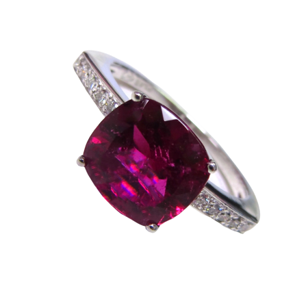 19089 Classic Rubellite and Diamond Ring Designed & Handmade by Kaufmann de Suisse in Platinum featuring 1 Cushion cut Rubellite weighing 2.80cts mounted with 12 Round Brilliant cut FVVS Diamonds