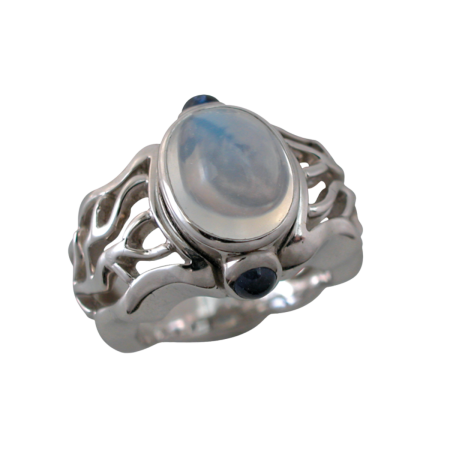 20002 Triple Flowing Lines Moonstone Ring Designed & Handmade by Kaufmann de Suisse in Stainless Steel and 18kt Yellow Gold featuring 1 Oval Cabochon cut Moonstone weighing 4.00cts