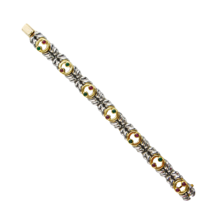 20007 Callista Flowing Lines Bracelet Designed & Handmade by Kaufmann de Suisse in 18kt Yellow Gold & Stailness Steel featuring 8 Cabochon cut Rubies weighing a total of 1.50cts and 6 Round Caboch